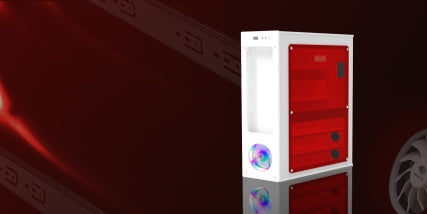 White computer case with red side panel on a dark background