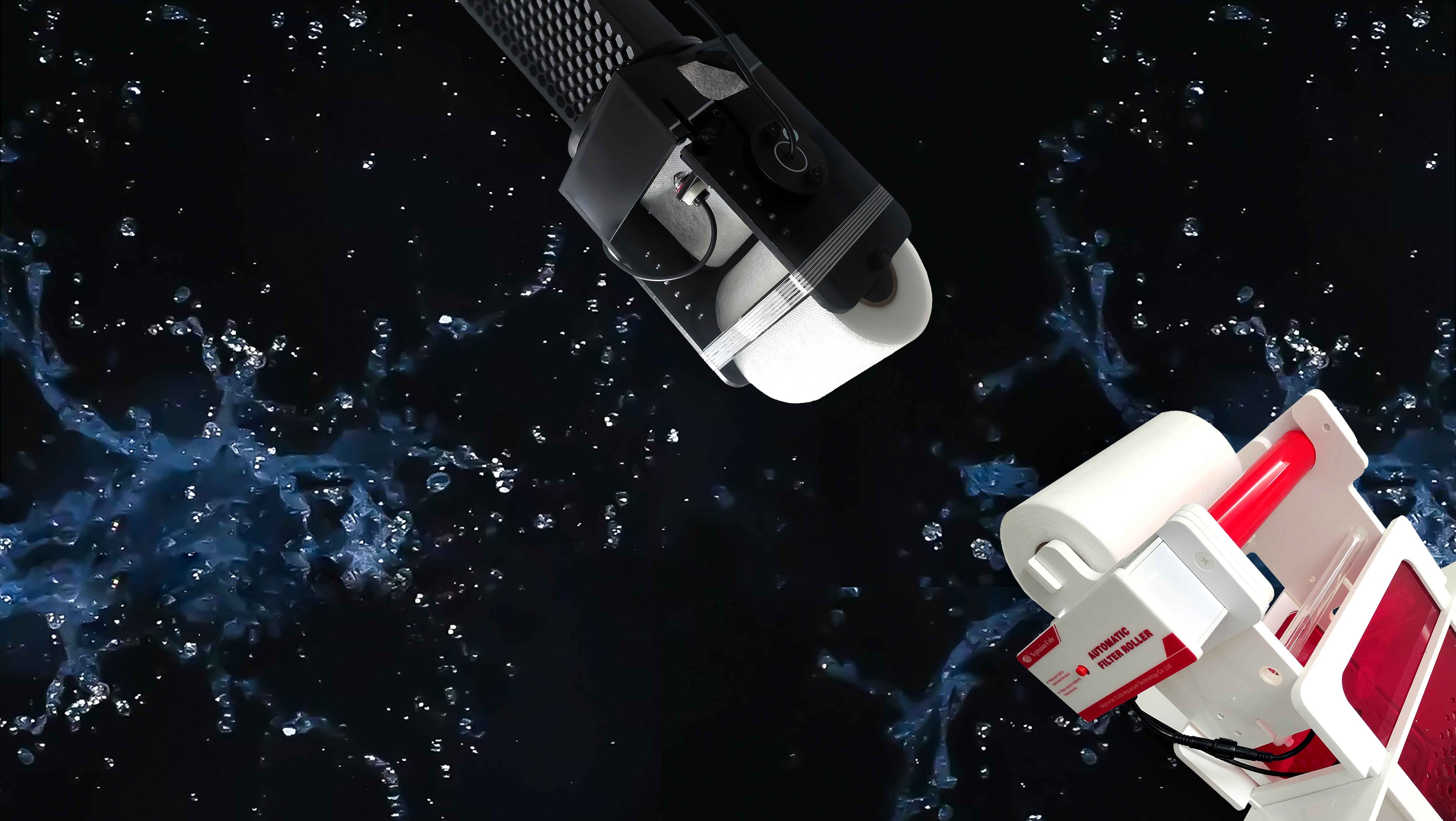 Underwater devices suspended against a dark background with splashing water effects.