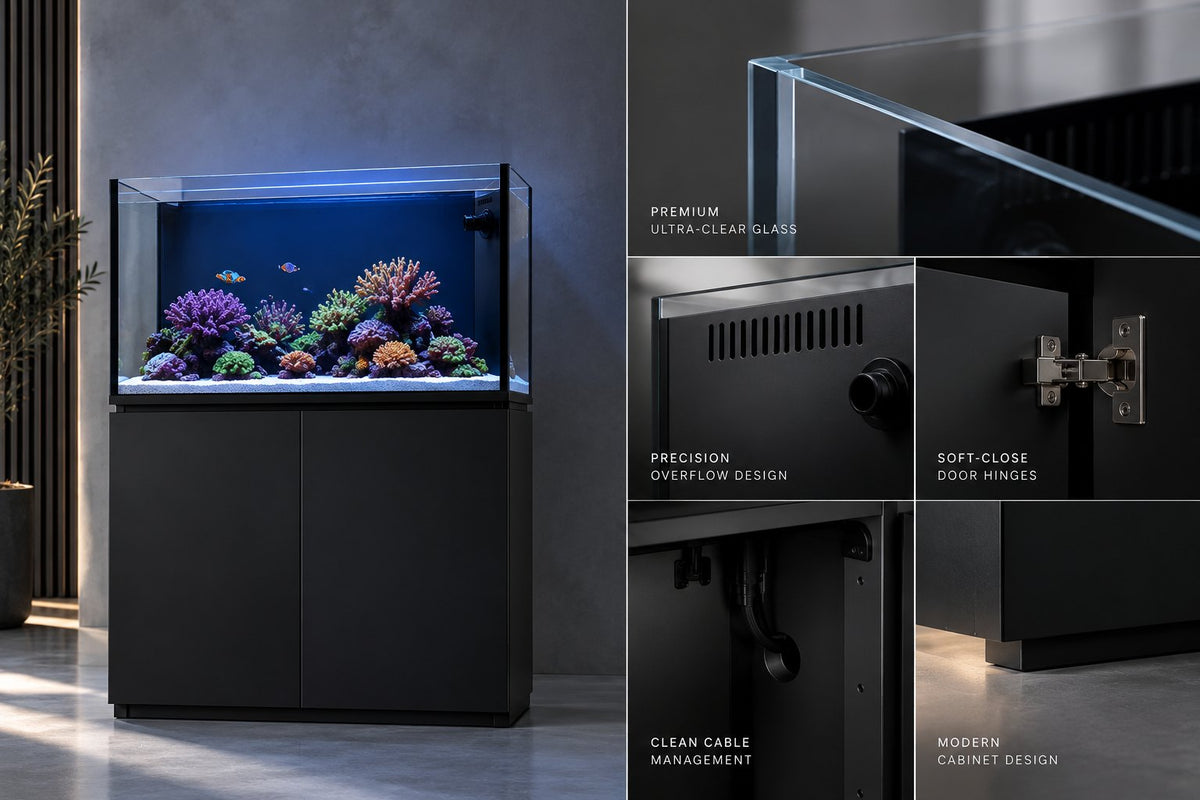 Neptunian Cube aquarium with detail views: premium ultra-clear glass, precision overflow design, soft-close door hinges, clean cable management and modern cabinet design