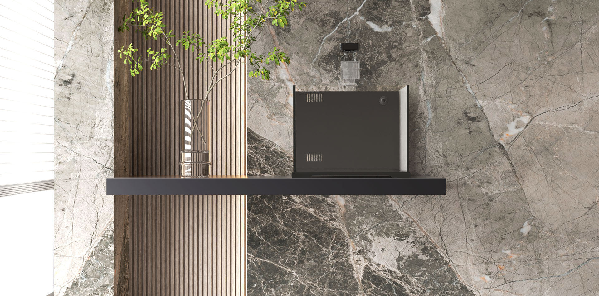 Laptop on a marble surface with a modern building in the background