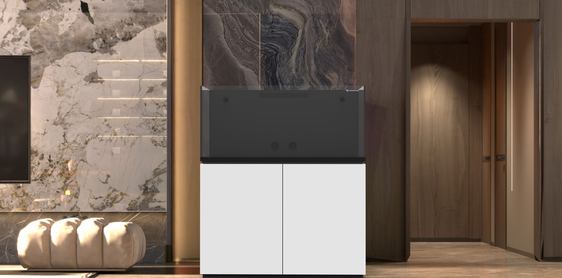 Modern black and white cabinet against a textured wall in a stylish interior setting.